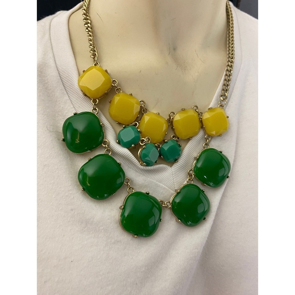 Gold Tone Statement Necklace Green Yellow‎ Faceted Stones Chunky Chain Bib Style